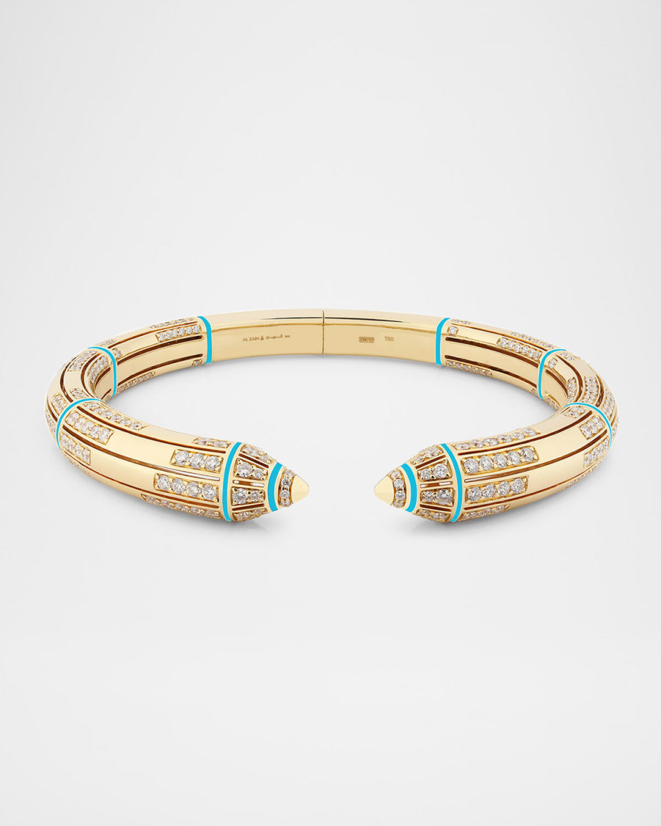 18K Yellow Gold Woven Bangle Bracelet with Turquoise HyCeram and Diamonds